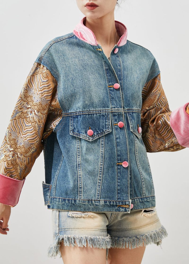 Originalt Design Blå Oversized Patchwork Denimjakke Forår - Dame vinterfrakker