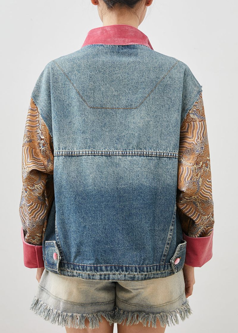 Originalt Design Blå Oversized Patchwork Denimjakke Forår - Dame vinterfrakker