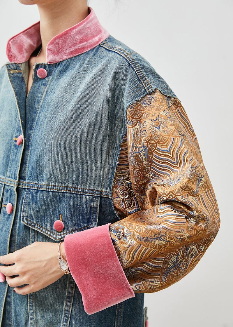 Originalt Design Blå Oversized Patchwork Denimjakke Forår - Dame vinterfrakker