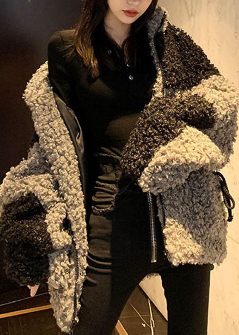 Oversized Grå Stativ Kravelommer Patchwork Faux Fur Coats Vinter - Dame vinterfrakker