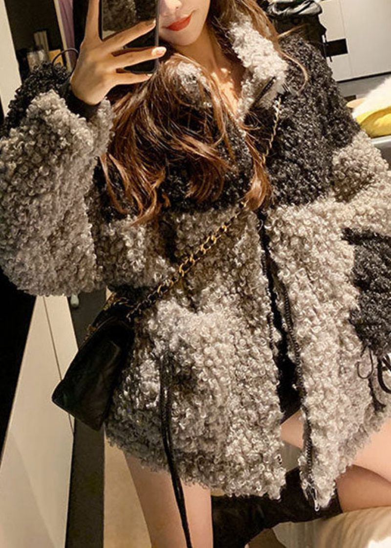 Oversized Grå Stativ Kravelommer Patchwork Faux Fur Coats Vinter - Dame vinterfrakker