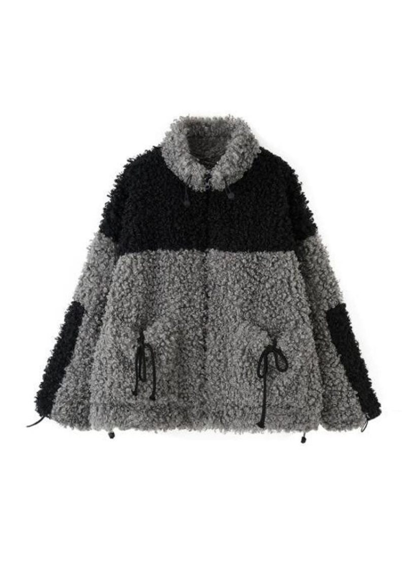 Oversized Grå Stativ Kravelommer Patchwork Faux Fur Coats Vinter - Dame vinterfrakker