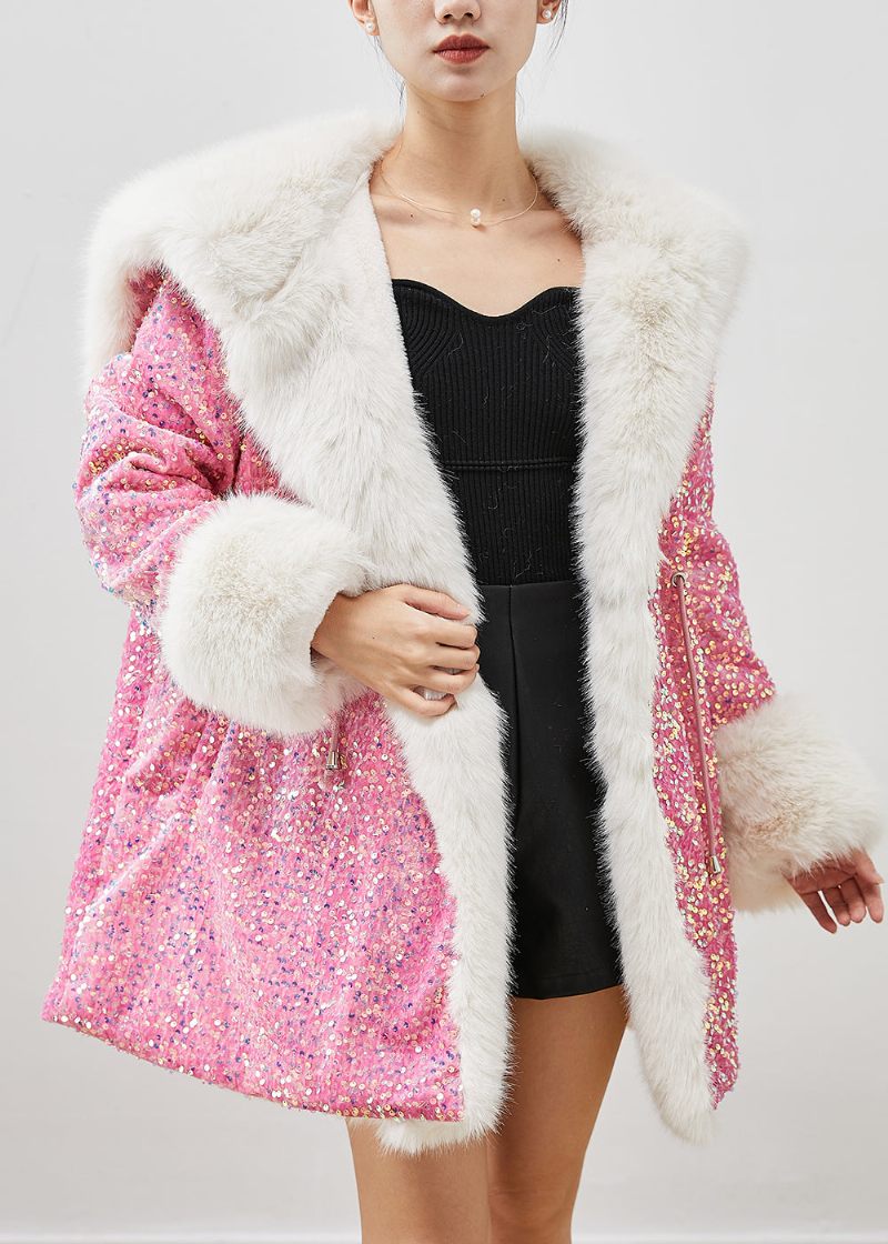 Pink Faux Fur Velour Hættetrøje Frakke Outwear Pailletter Snøre Vinter