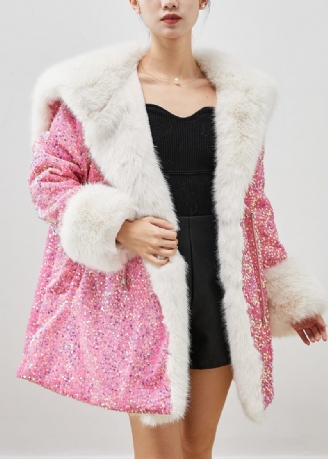 Pink Faux Fur Velour Hættetrøje Frakke Outwear Pailletter Snøre Vinter