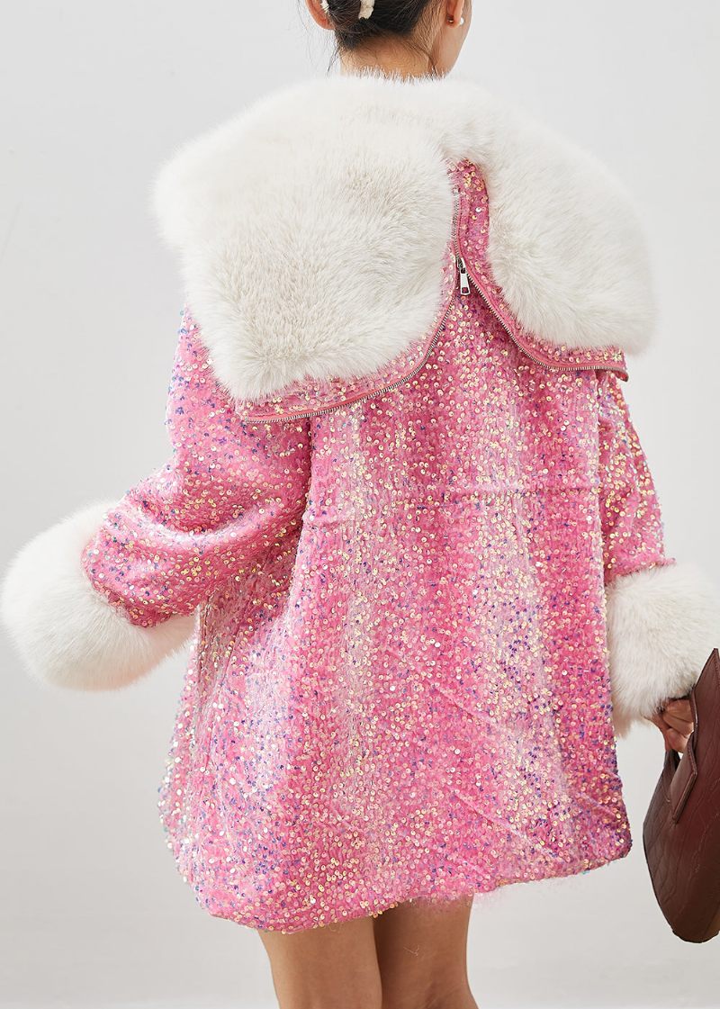 Pink Faux Fur Velour Hættetrøje Frakke Outwear Pailletter Snøre Vinter - Dame vinterfrakker