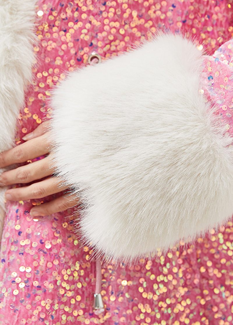 Pink Faux Fur Velour Hættetrøje Frakke Outwear Pailletter Snøre Vinter - Dame vinterfrakker