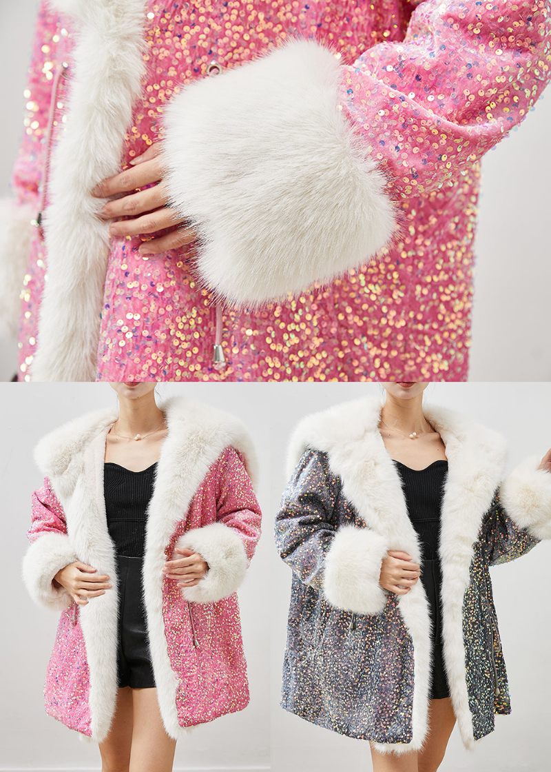 Pink Faux Fur Velour Hættetrøje Frakke Outwear Pailletter Snøre Vinter - Dame vinterfrakker