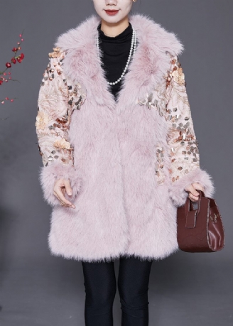 Pink Patchwork Faux Fur Coats Oversized Nail Bead Winter