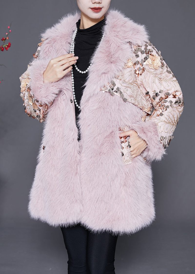 Pink Patchwork Faux Fur Coats Oversized Nail Bead Winter - Dame vinterfrakker