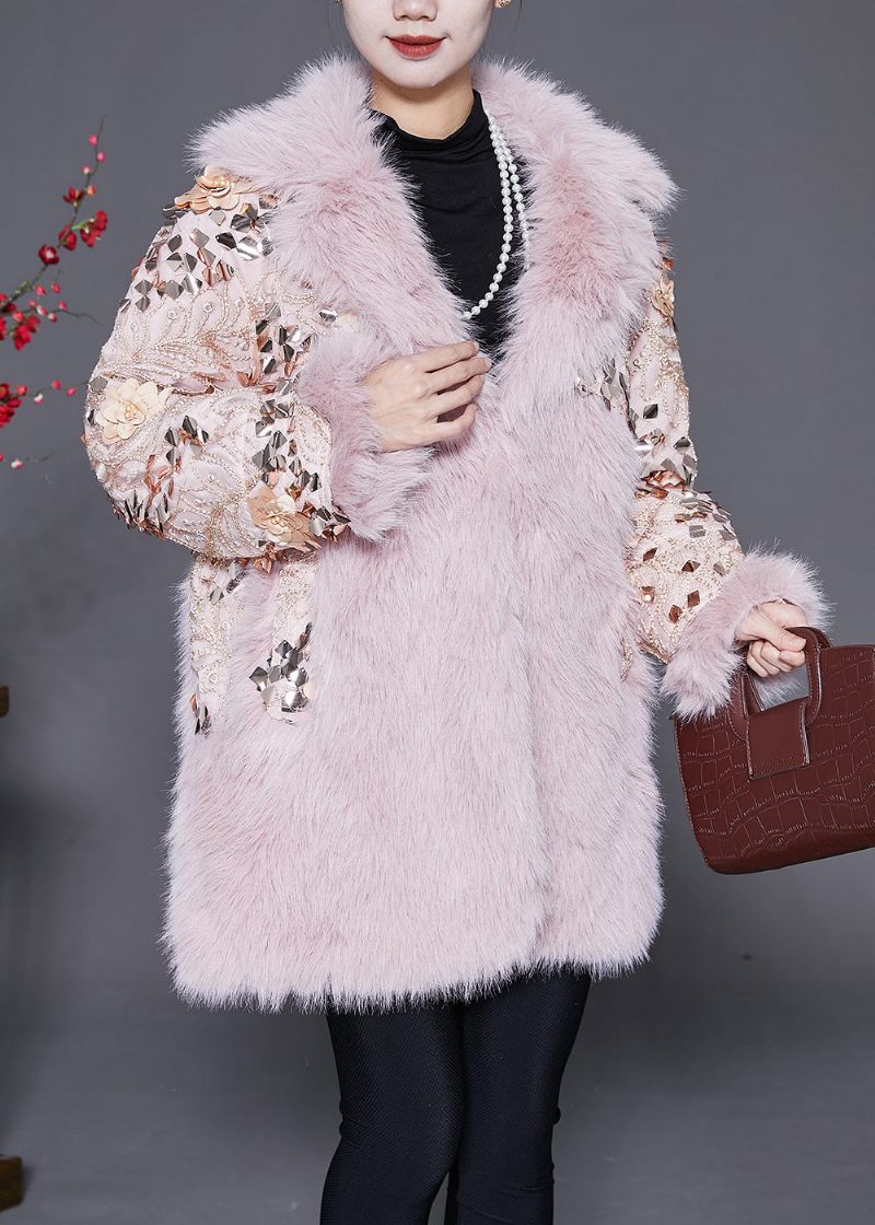 Pink Patchwork Faux Fur Coats Oversized Nail Bead Winter - Dame vinterfrakker