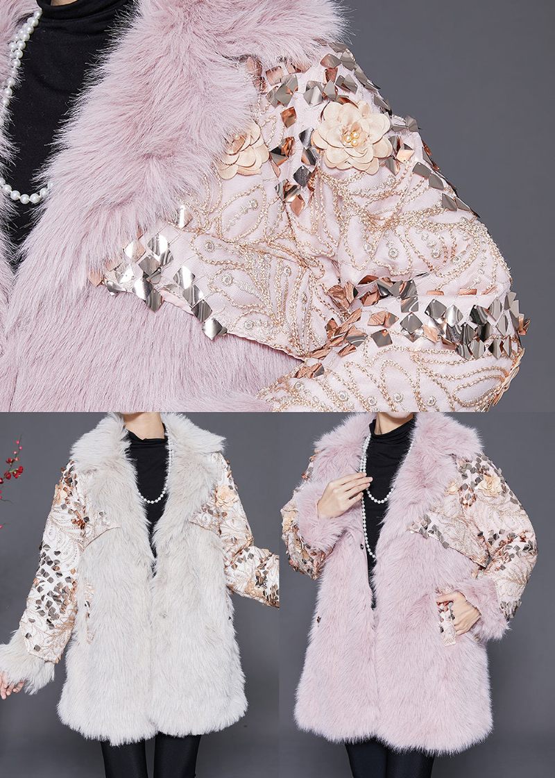 Pink Patchwork Faux Fur Coats Oversized Nail Bead Winter - Dame vinterfrakker