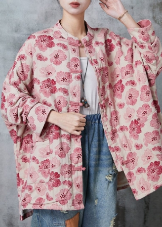 Pink Print Bomuld Frakke Outwear Kinesisk Button Spring