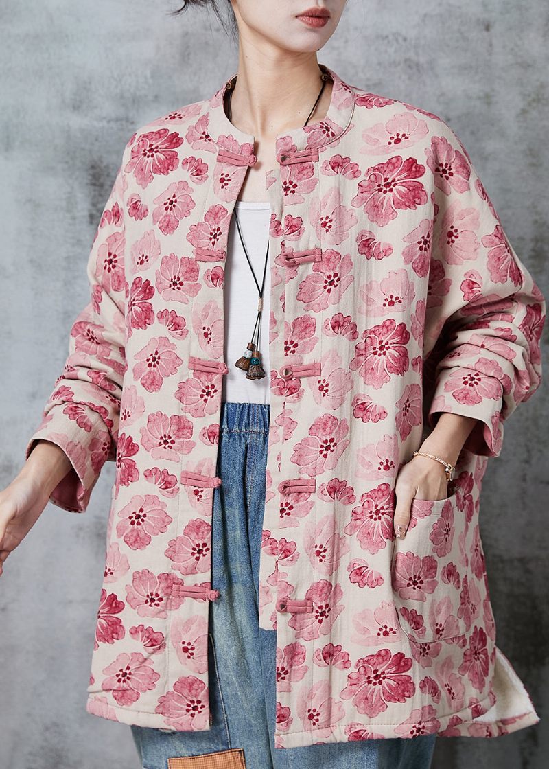 Pink Print Bomuld Frakke Outwear Kinesisk Button Spring - Dame vinterfrakker