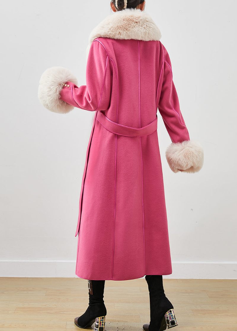 Pink Silm Fit Ulden Frakke Outwear Pelskrave Tie Talje Fall - Dame vinterfrakker