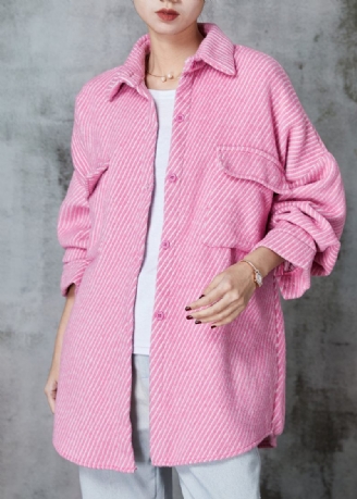 Pink Stribet Corduroy Frakke Oversized Lommer Spring