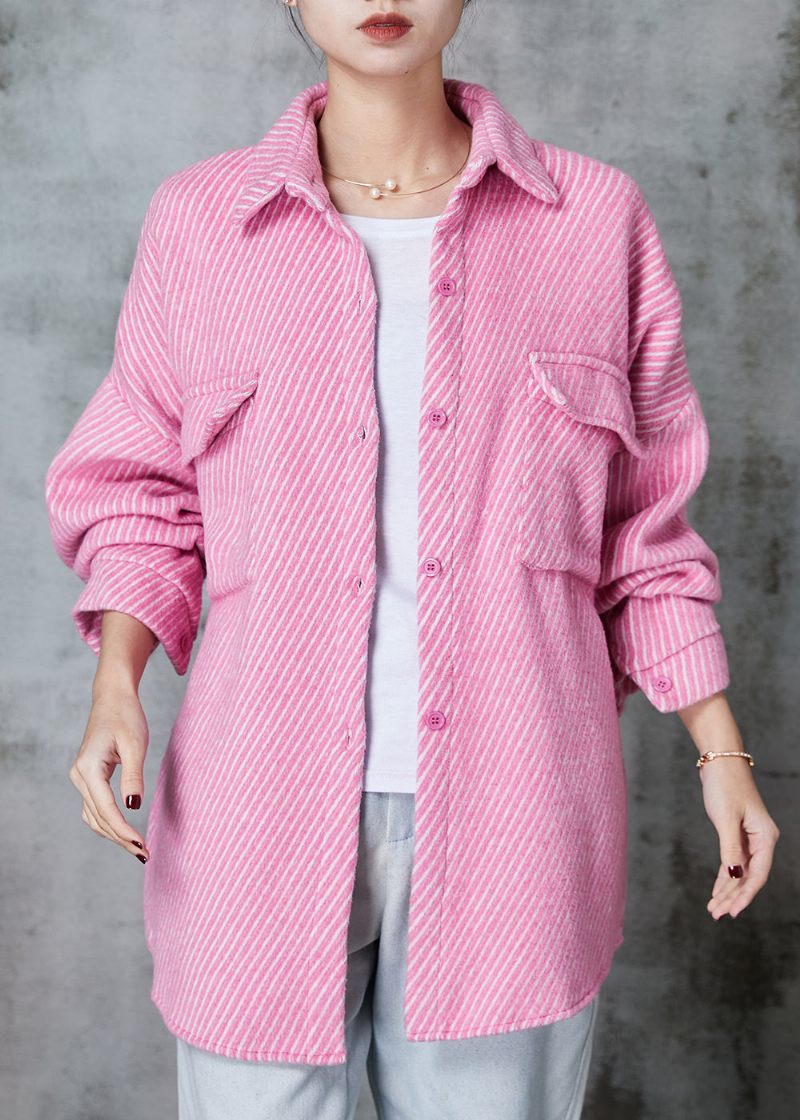 Pink Stribet Corduroy Frakke Oversized Lommer Spring - Dame vinterfrakker