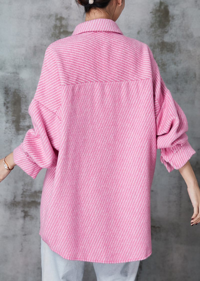 Pink Stribet Corduroy Frakke Oversized Lommer Spring - Dame vinterfrakker