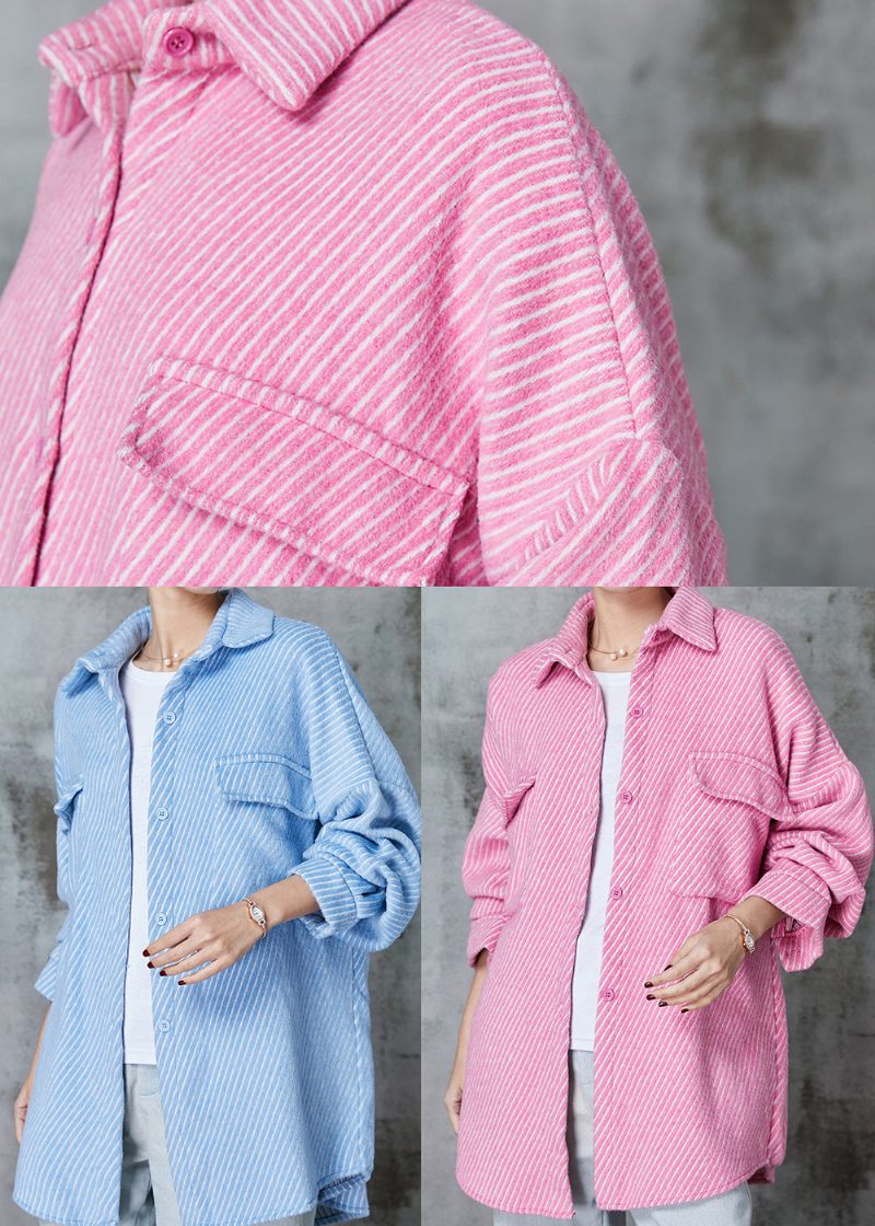 Pink Stribet Corduroy Frakke Oversized Lommer Spring - Dame vinterfrakker