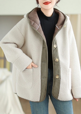 Plus Size Abrikos Hættelommer Patchwork Faux Fur Varm Fleece Coat Vinter