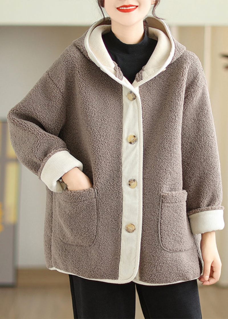 Plus Size Abrikos Hættelommer Patchwork Faux Fur Varm Fleece Coat Vinter - Dame vinterfrakker