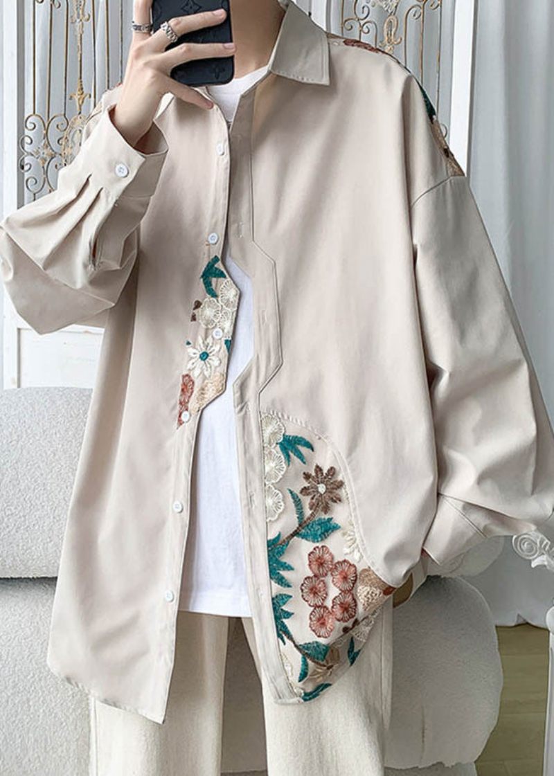 Plus Size Beige Broderet Knap Bomuld Neutral Frakker Spring