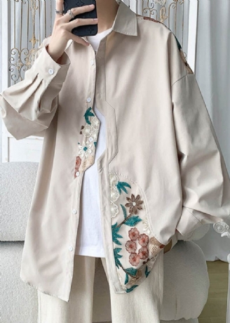 Plus Size Beige Broderet Knap Bomuld Neutral Frakker Spring