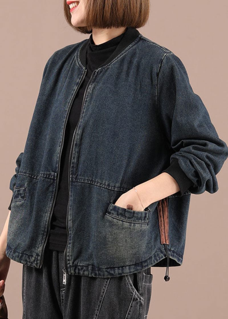 Plus Size Blå Løse Lynlåslommer Fall Denim Langærmede Jakker