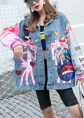 Plus Size Blå Peter Pan Krave Pink Leopardprint Patchwork Pailletter Knap Denim Frakke Langærmet