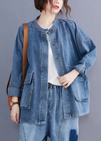 Plus Size Blå Stand Kravelommer Patchwork Denim Frakker Efterår