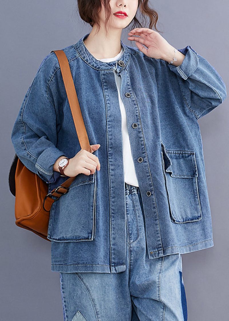 Plus Size Blå Stand Kravelommer Patchwork Denim Frakker Efterår - Dame vinterfrakker