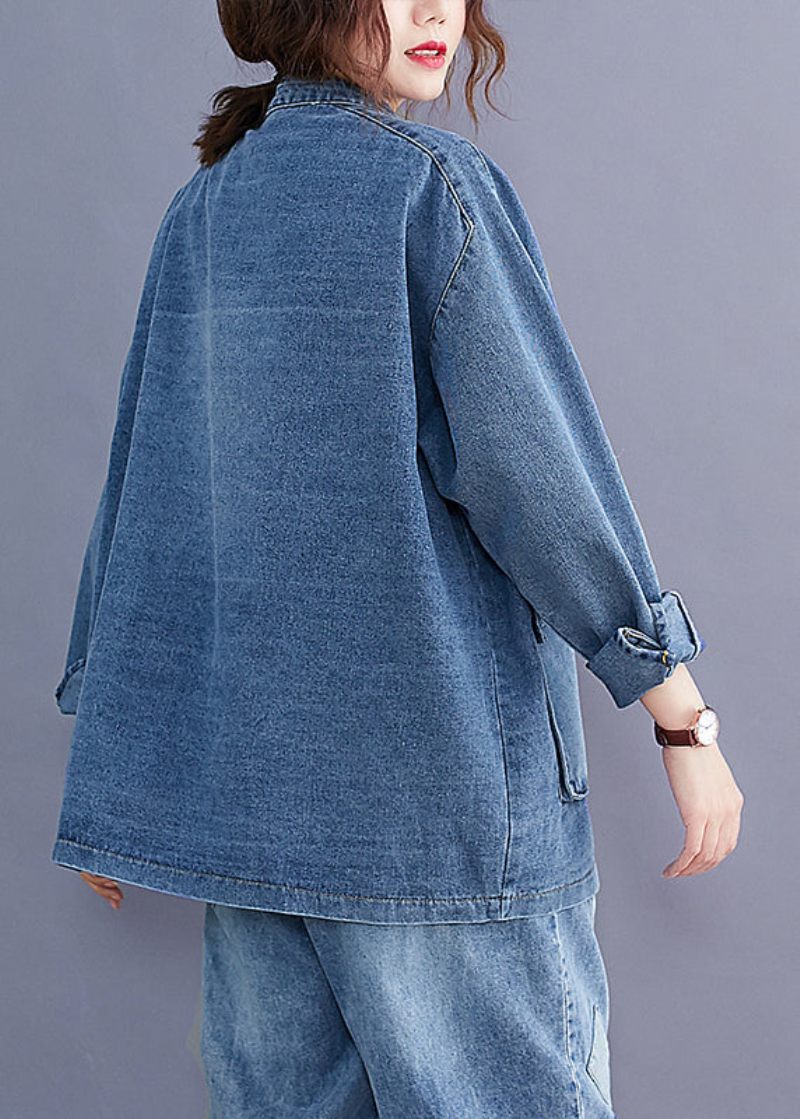 Plus Size Blå Stand Kravelommer Patchwork Denim Frakker Efterår - Dame vinterfrakker