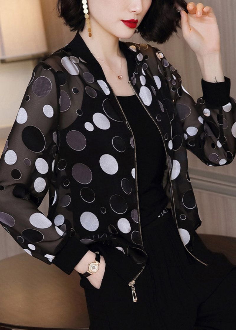 Plus Size Black Dot Print Zippere Chiffon Sunscreen Coat Langærmet