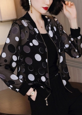 Plus Size Black Dot Print Zippere Chiffon Sunscreen Coat Langærmet