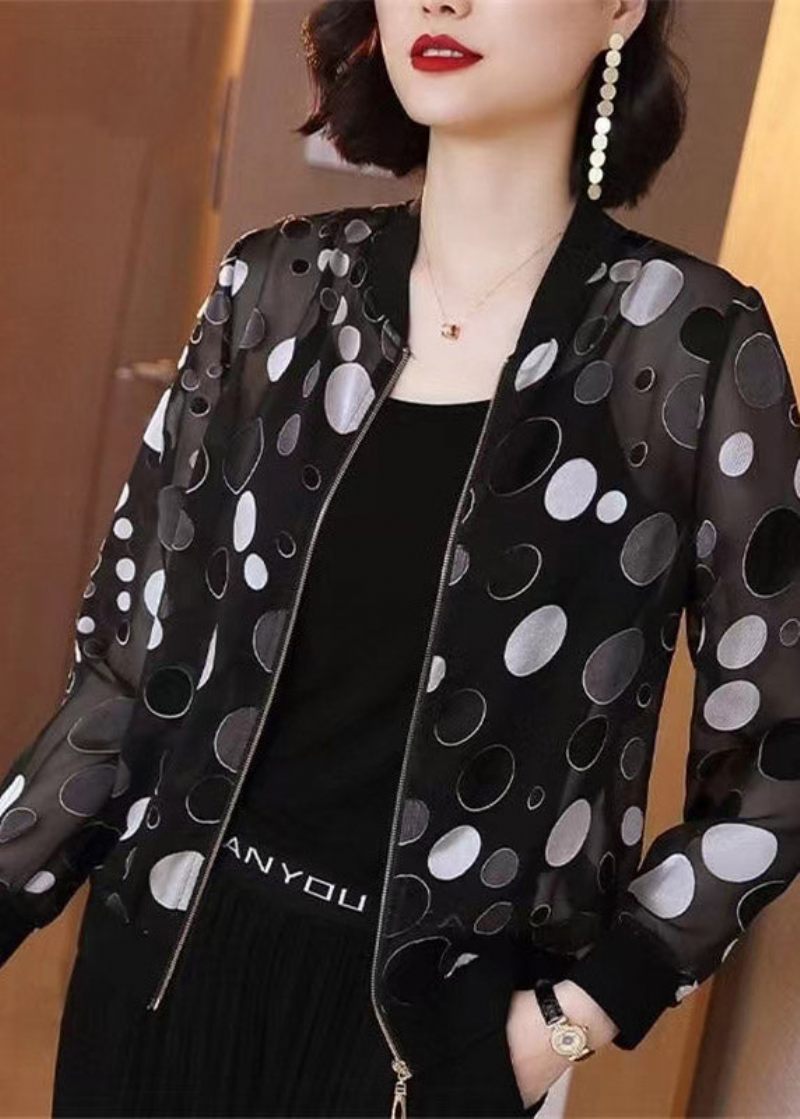 Plus Size Black Dot Print Zippere Chiffon Sunscreen Coat Langærmet - Dame vinterfrakker