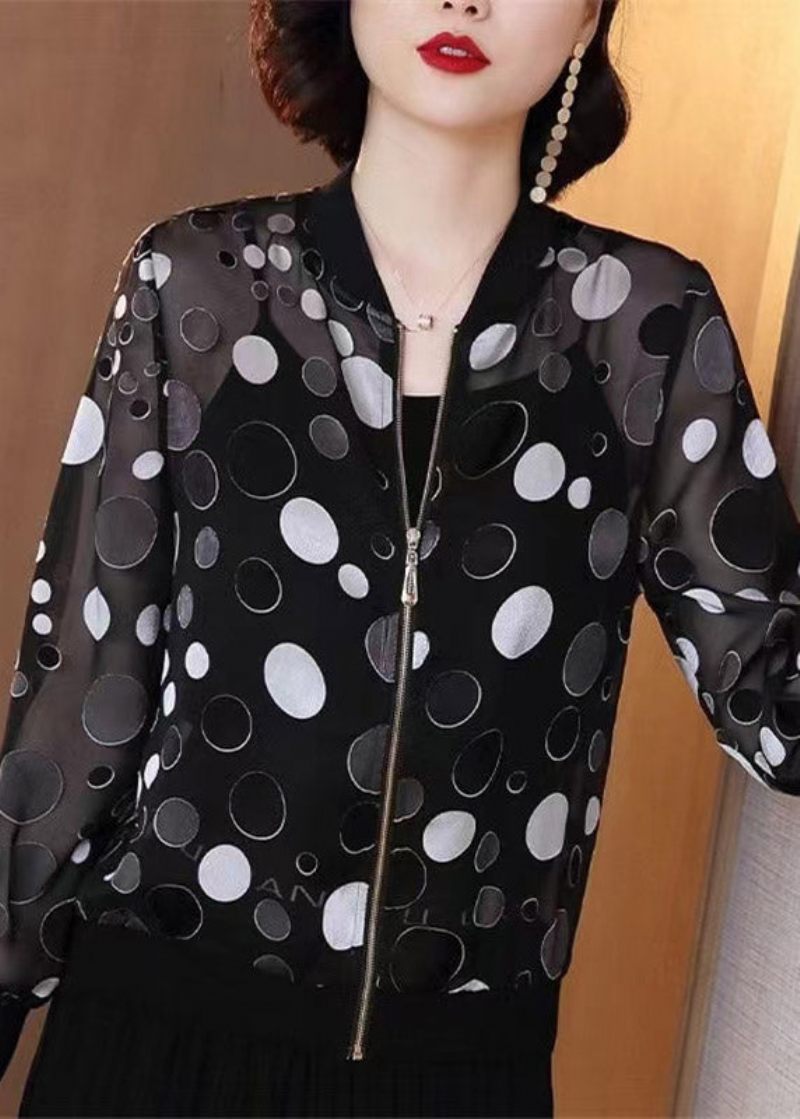 Plus Size Black Dot Print Zippere Chiffon Sunscreen Coat Langærmet - Dame vinterfrakker