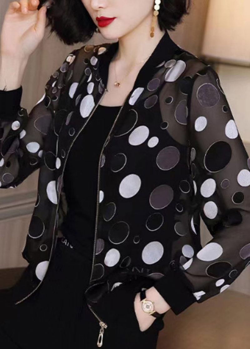 Plus Size Black Dot Print Zippere Chiffon Sunscreen Coat Langærmet - Dame vinterfrakker