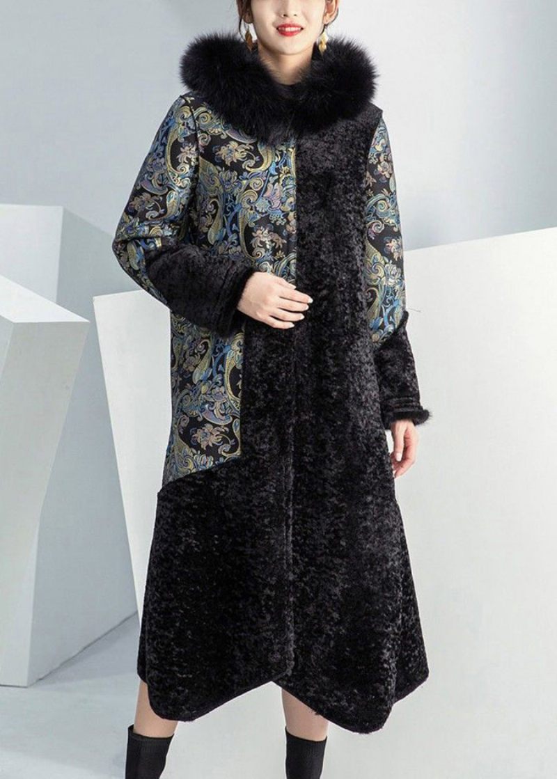 Plus Size Black Fox Krave Patchwork Slid På Begge Sider Cashmere Frakke Vinter - Dame vinterfrakker