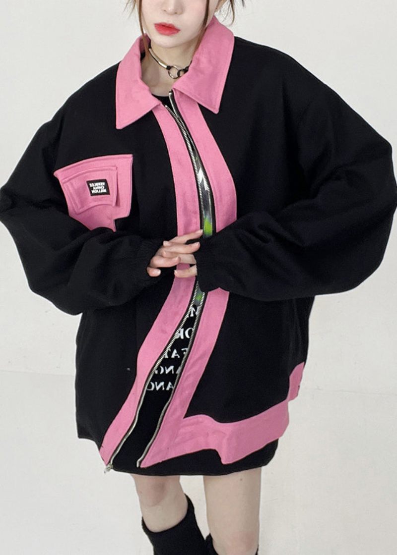 Plus Size Black Peter Pan Krave Zip Up Bomuld Frakker Langærmet - Dame vinterfrakker