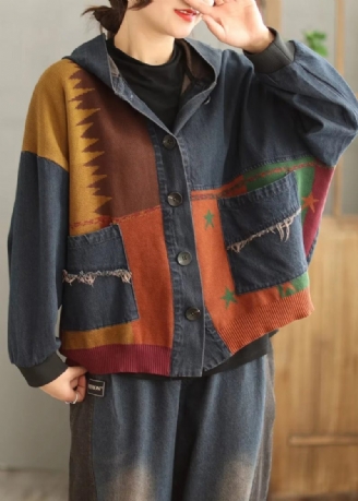 Plus Size Blue Hooded Lommers Patchwork Denim Coat Spring