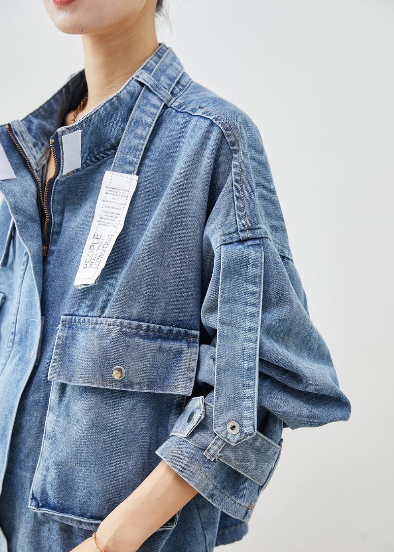 Plus Size Blue Oversized Lommer Denim Coat Fall - Dame vinterfrakker