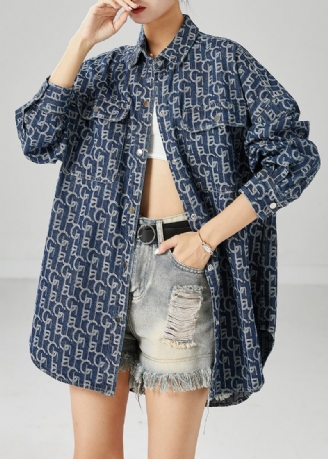 Plus Size Blue Oversized Print Denim Coat Outwear Efterår