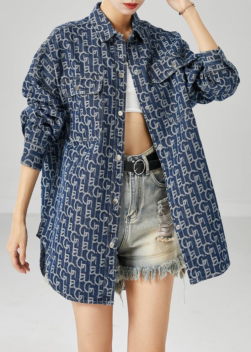 Plus Size Blue Oversized Print Denim Coat Outwear Efterår - Dame vinterfrakker