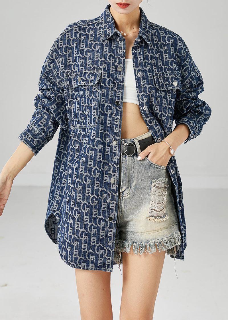 Plus Size Blue Oversized Print Denim Coat Outwear Efterår - Dame vinterfrakker