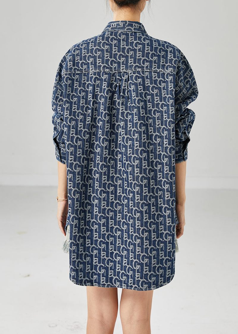 Plus Size Blue Oversized Print Denim Coat Outwear Efterår - Dame vinterfrakker