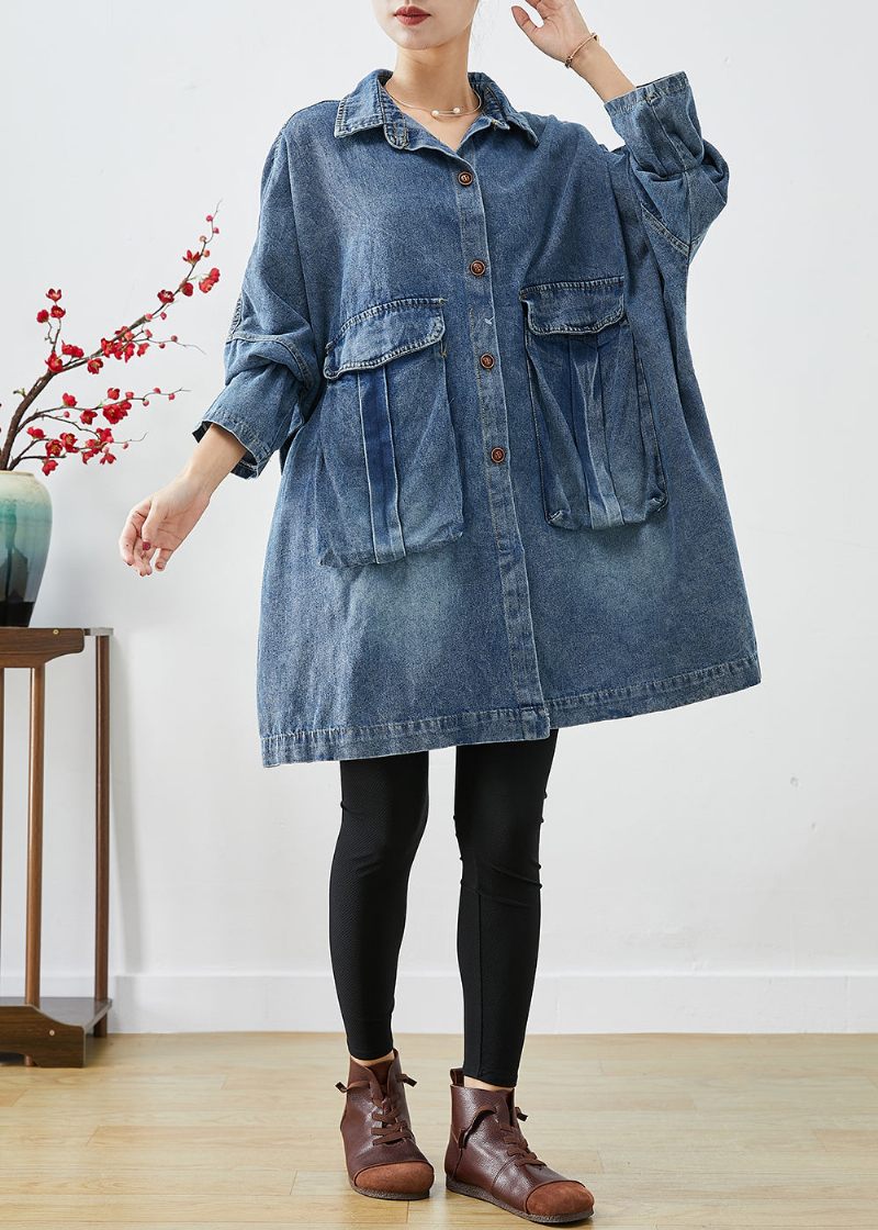 Plus Size Blue Oversized Store Lommer Denimfrakker Efterår