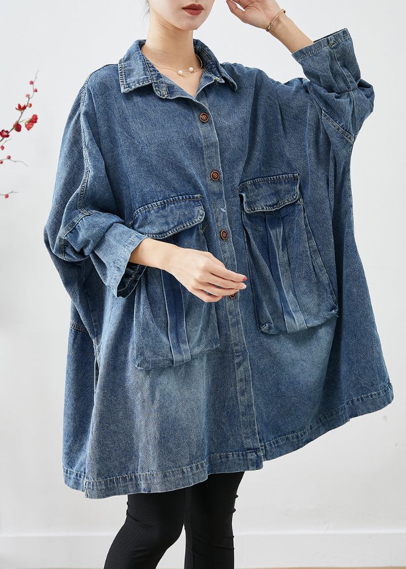 Plus Size Blue Oversized Store Lommer Denimfrakker Efterår - Dame vinterfrakker