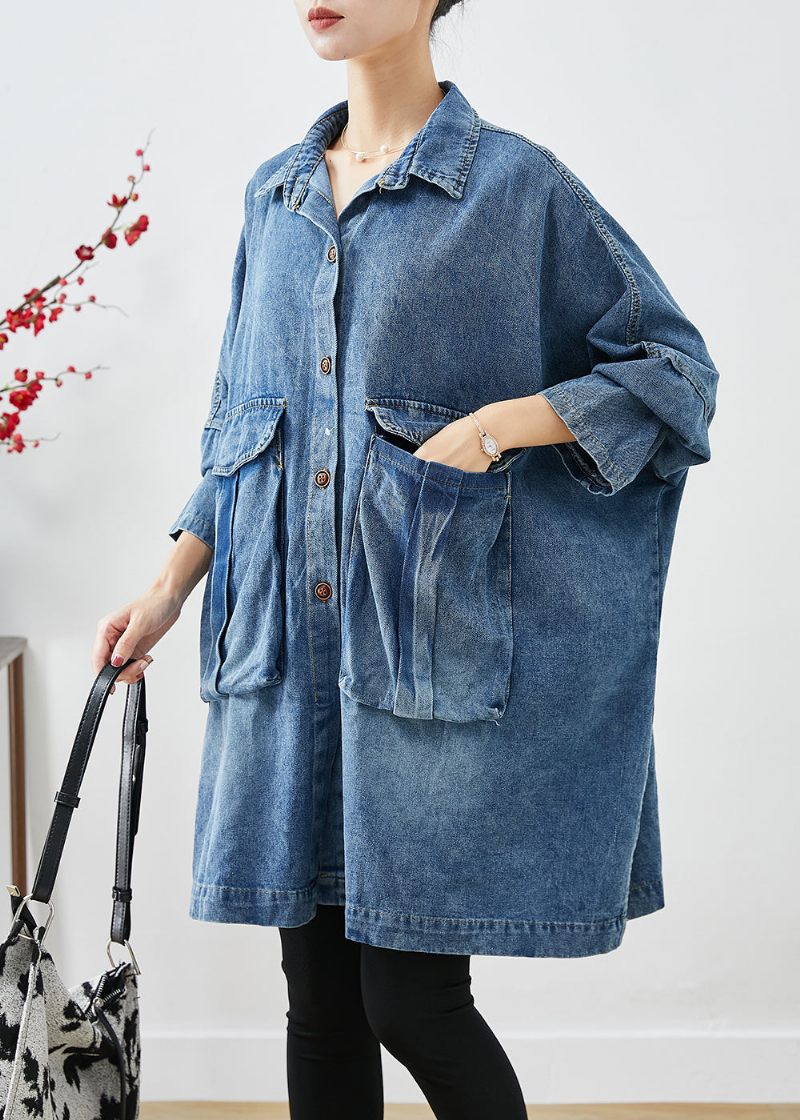 Plus Size Blue Oversized Store Lommer Denimfrakker Efterår - Dame vinterfrakker