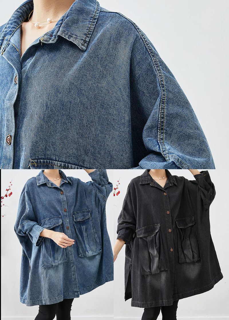 Plus Size Blue Oversized Store Lommer Denimfrakker Efterår - Dame vinterfrakker