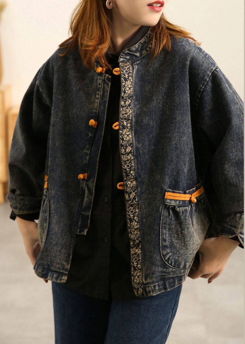 Plus Size Blue Stand Krave Orientalsk Knaplommer Patchwork Bomuld Denim Frakke Outwear Langærmet - Dame vinterfrakker