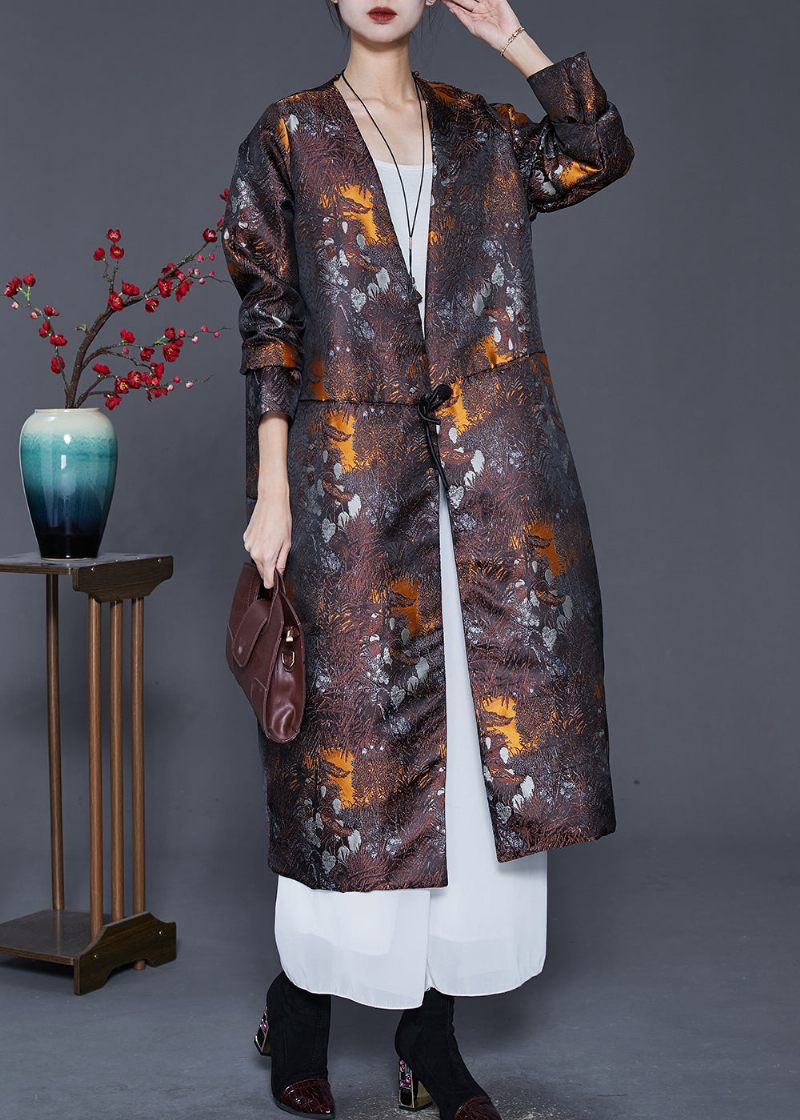 Plus Size Brown Oversized Print Bomuld Fyldt Silke Coat Outwear Spring